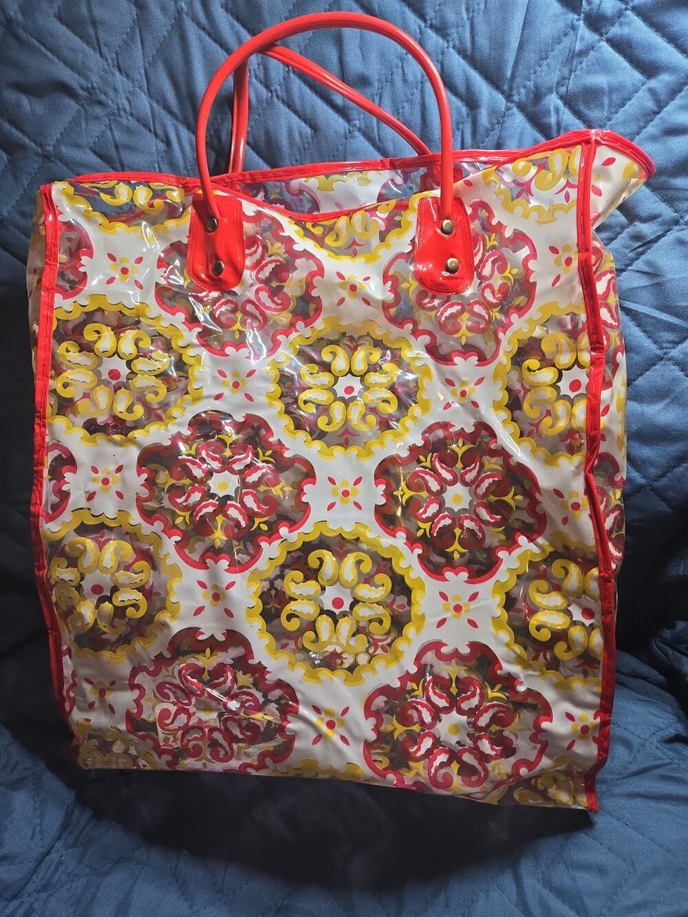 1970s Floral Clear Vinyl Tote Bag Yellow/ Red Trim Taiwan Retro Beach Shopper